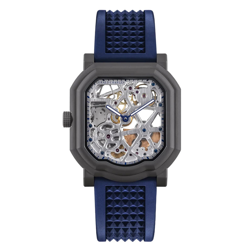 Gerald Charles Maestro 8.0 GC Sport Squelette: a square skeleton watch with blue strap, visible gears, and black case, shown on a white background.