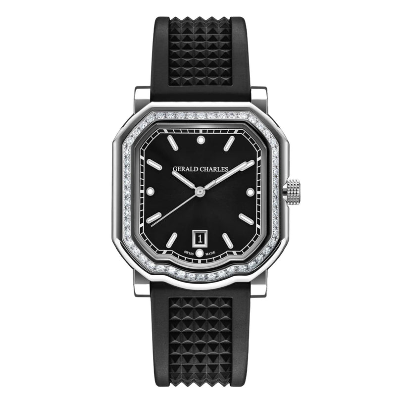 The Gerald Charles Maestro 2.0 Ultra-Thin Gem-Set is a luxury wristwatch with a black strap, black face, diamond bezel, and silver hands set to 10:10.