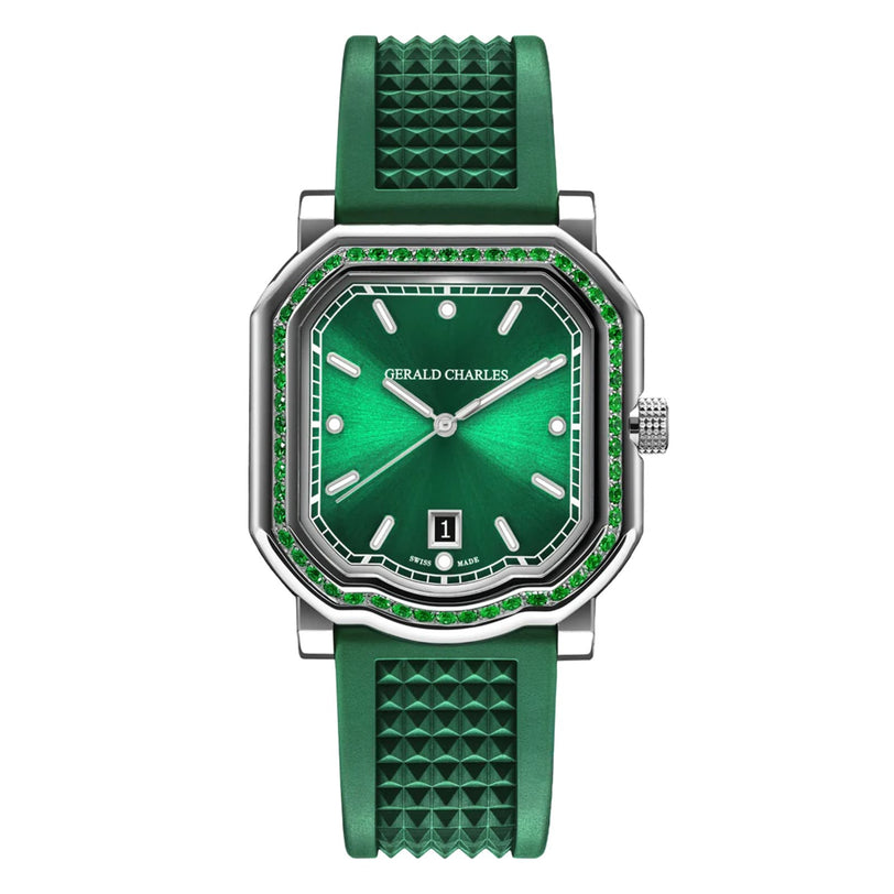 The Maestro 2.0 Ultra-Thin Gem-Set by Gerald Charles features a geometric case, jeweled bezel with gemstones, emerald green sunburst dial with date window, and a textured green vulcanised rubber strap.