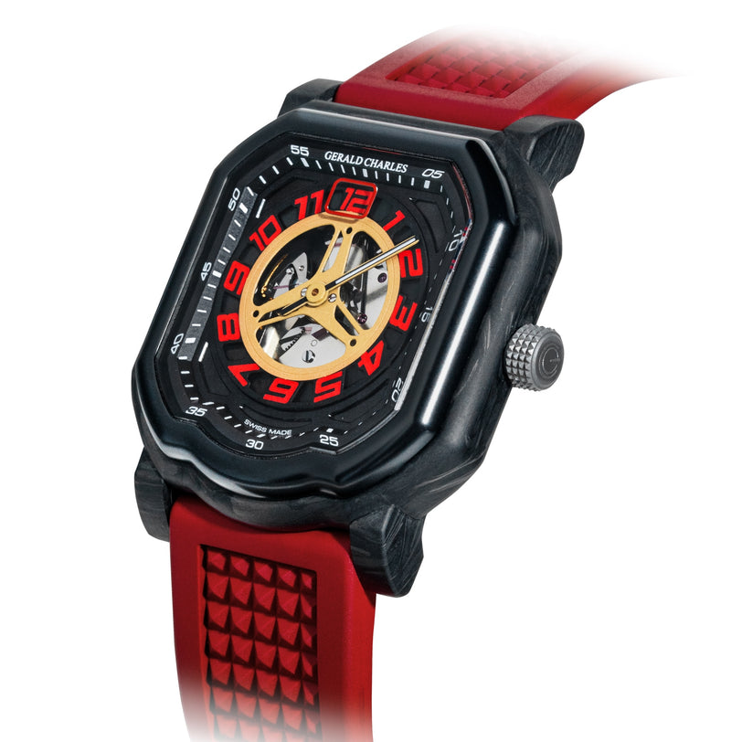 The Gerald Charles Maestro 4.0 Ducati 30° Anniversario 916 is a black and red wristwatch featuring a visible gold mechanism and a bold red rubber strap.