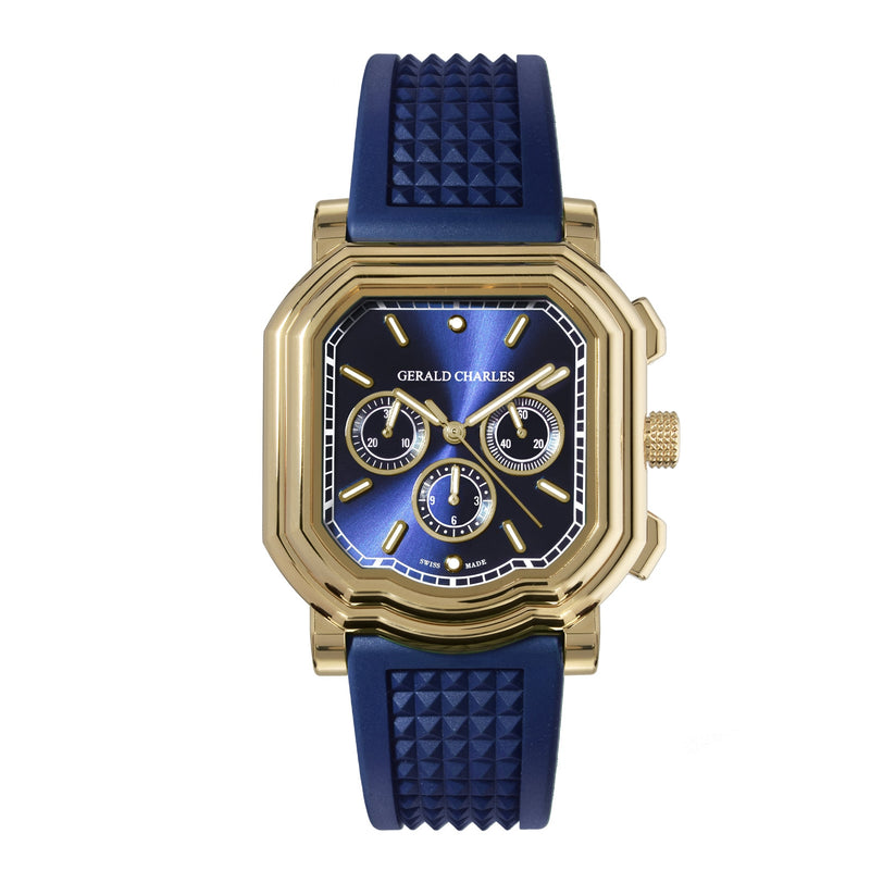 The Gerald Charles Maestro 3.0 Chronograph is a gold and blue wristwatch featuring a blue rubber strap and three subdials on the face.
