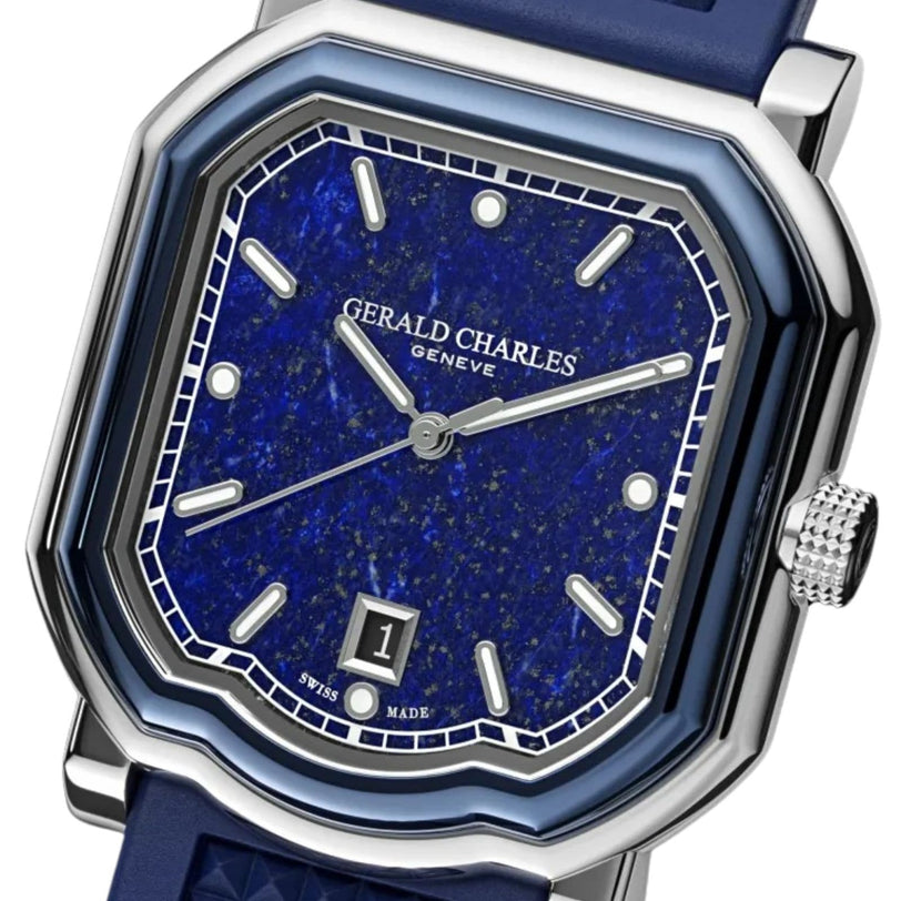 Close-up of the Gerald Charles Maestro 2.0 Ultra-Thin Lapis Lazuli wristwatch, featuring a blue textured dial and matching blue strap.
