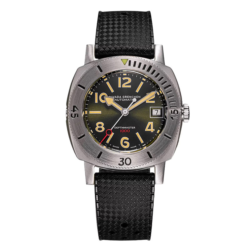 Stainless steel watch with black dial, gold numerals, date window, and black fabric strap.