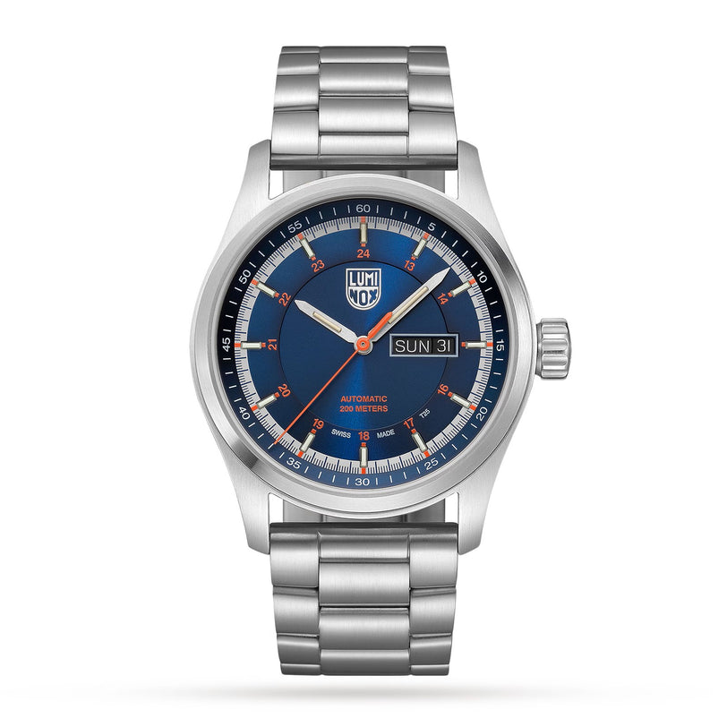 The Luminox Atacama Field Automatic Stainless Steel Urban Adventure features a blue face, metal band, and day/date display set to Sunday, 31.