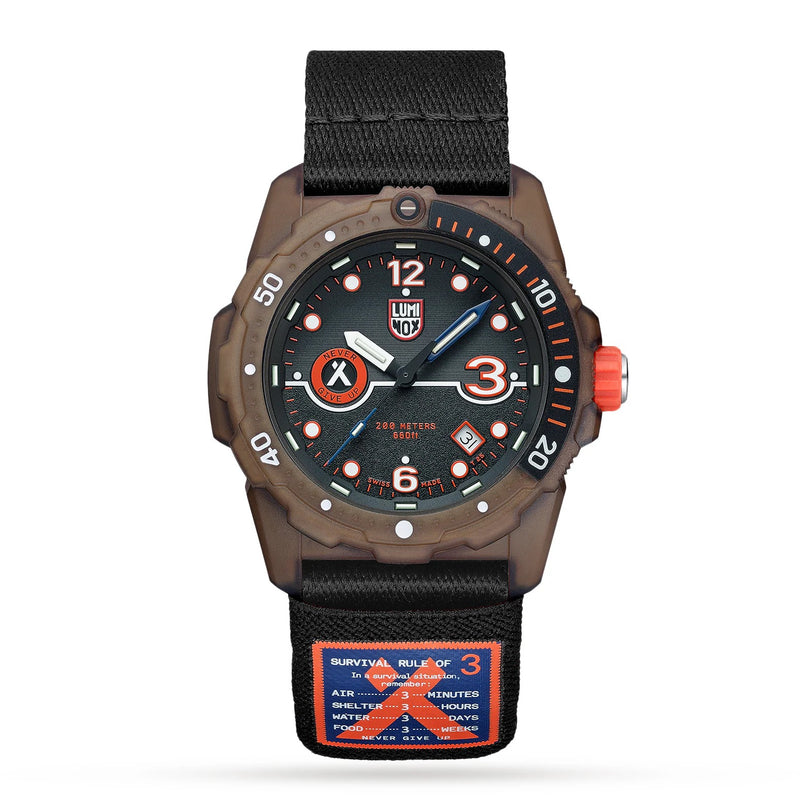 The Luminox Bear Grylls Survival Eco Rule Of 3 watch features a black strap, bold red accents, and survival-themed details on its face and strap.