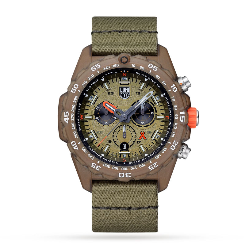 The Luminox Bear Grylls Survival Eco Master Sustainable Outdoor is a rugged military-style watch featuring a green strap, brown bezel, and multiple dials on the face.