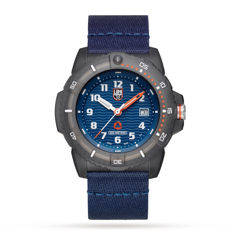 The Luminox Tide Eco Sustainable Outdoor wristwatch features a blue dial, fabric strap, black bezel, and white and orange accents.