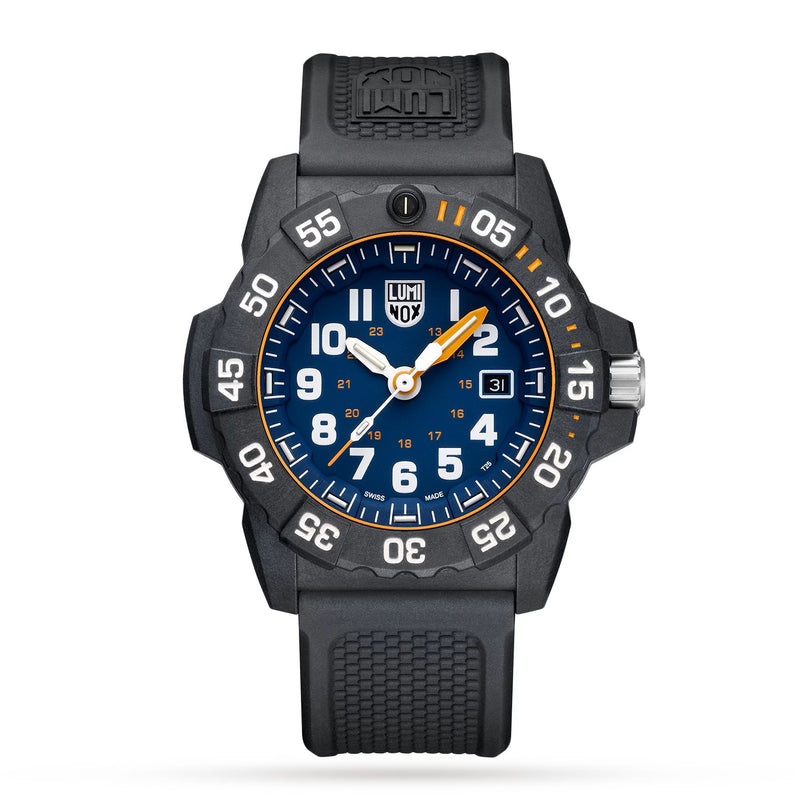 The Luminox Navy Seal Military Dive wristwatch features a blue face with white numbers and orange accents, shown against a white background.