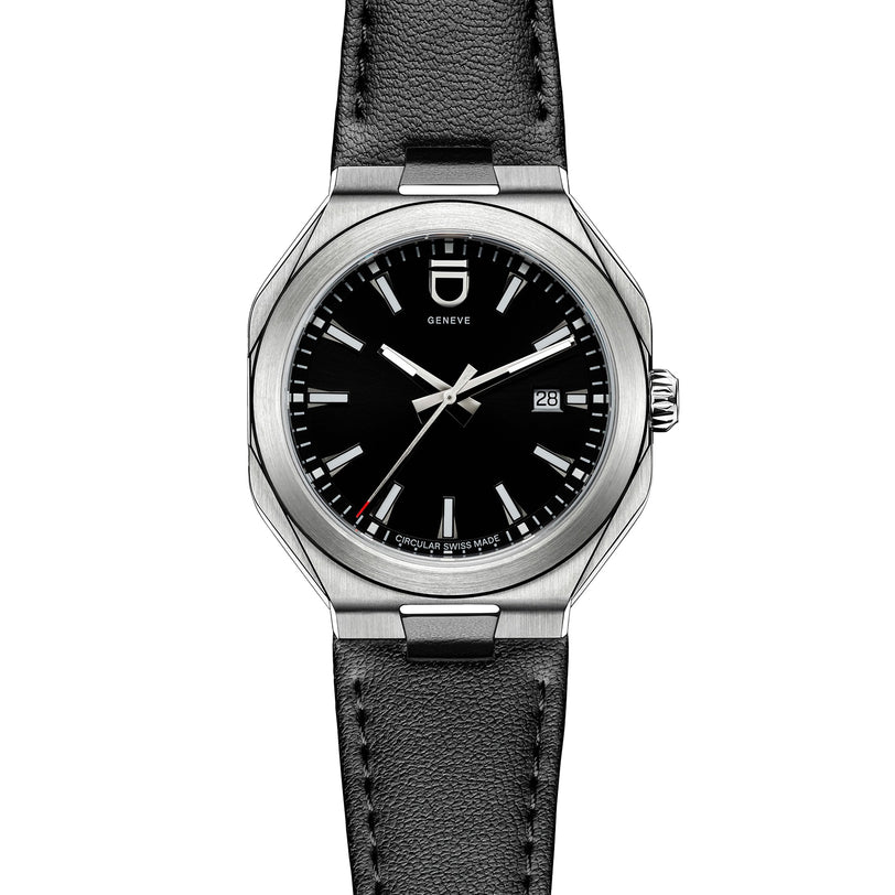 The ID Geneve Circular 1 - Black is a stainless steel wristwatch featuring a black dial, date display, and black leather strap.