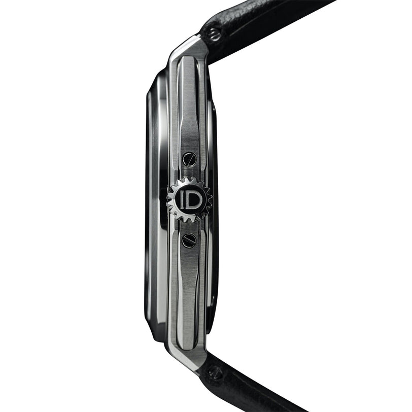 Side view of the ID Geneve Circular 1 - Mineral Black wristwatch featuring a silver case, black leather strap, and a crown engraved with “ID.”.