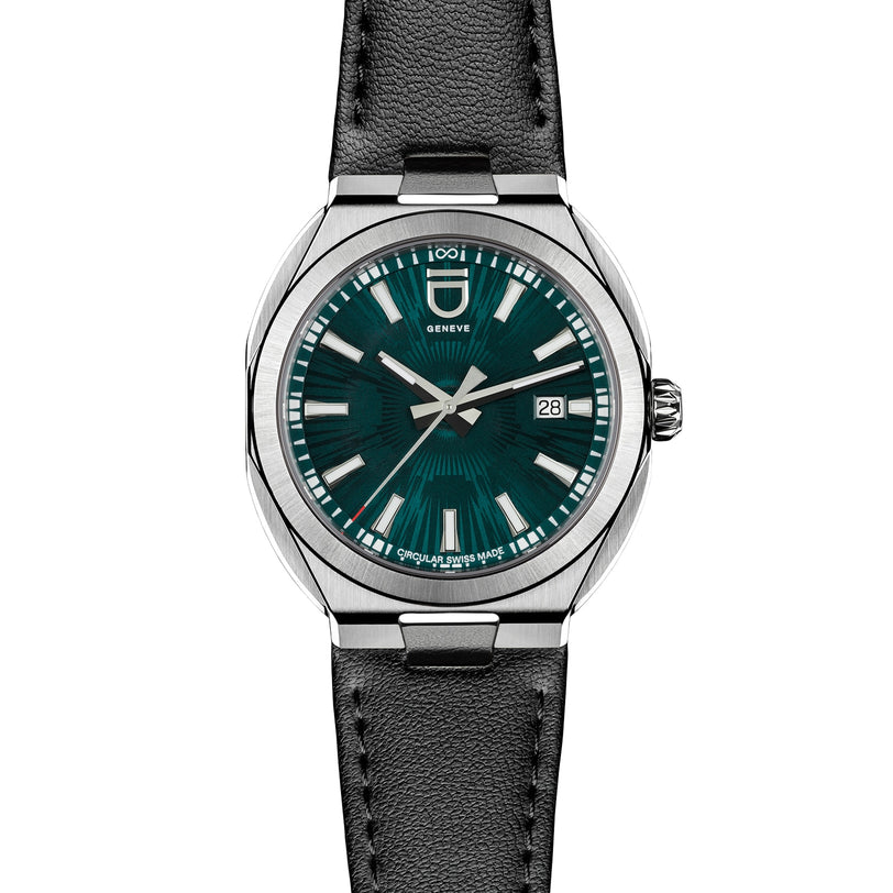ID Geneve Circular S - Green Brushed wristwatch with a green brushed dial, date window, and black leather strap, displayed on a white background.