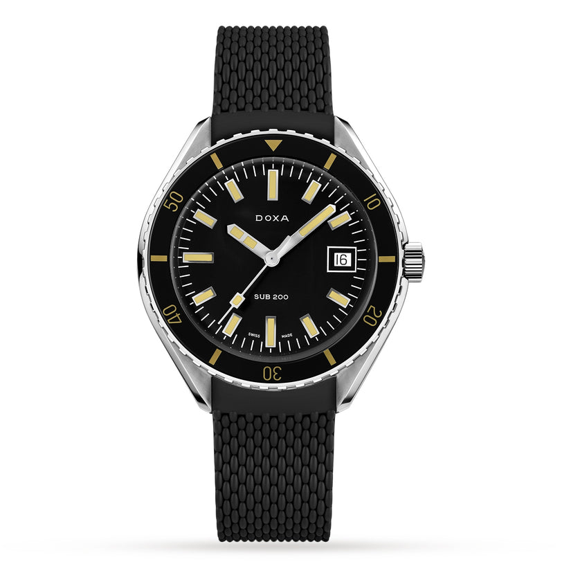The DOXA Sub 200 Sharkhunter diver’s watch features a black rubber strap, yellow and white hour markers, a date window at 3 o’clock, a 316L stainless steel case, and an easy-grip unidirectional rotating bezel.