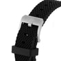 Close-up of a black textured DOXA strap with silver buckle and rectangular holes, designed to complement the Sub 200 Sharkhunter watchs 316L stainless steel case.
