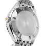 Close-up of the back of the DOXA Sub 200 Divingstar, a 316L stainless steel divers watch with engraved text, wave pattern, metal bracelet, and a crown adorned with a yellow logo.