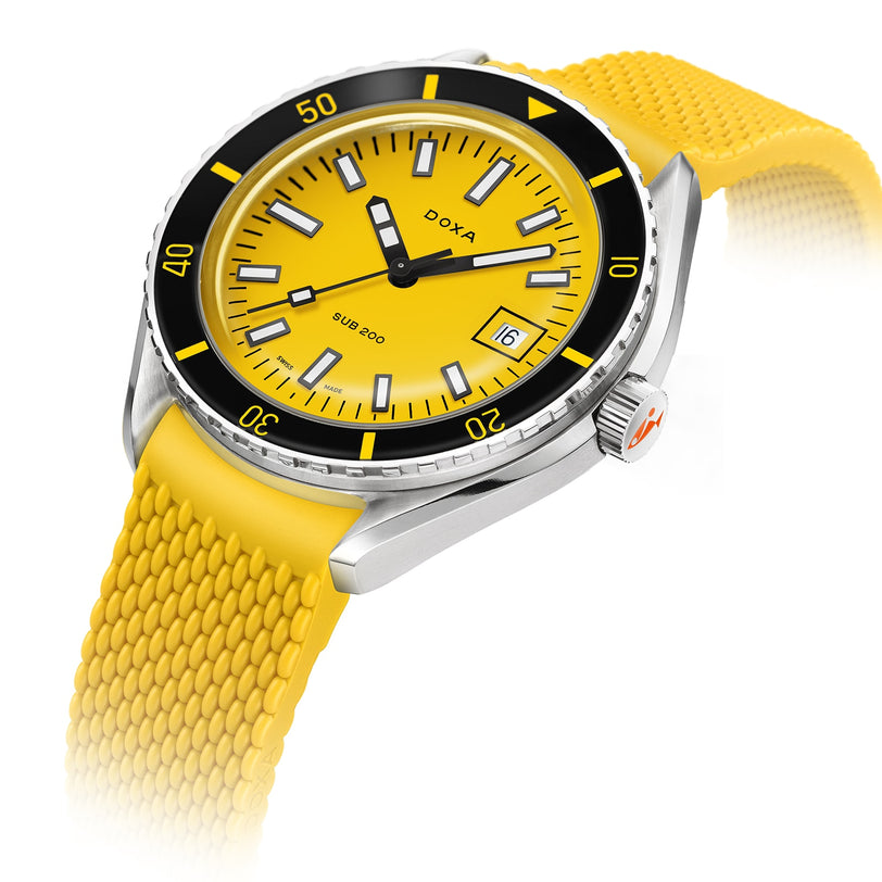 The DOXA Sub 200 Divingstar is a yellow diver’s watch with a yellow strap, black and yellow unidirectional bezel, robust 316L stainless steel case, and date display at 3 o’clock, shown on a white background.