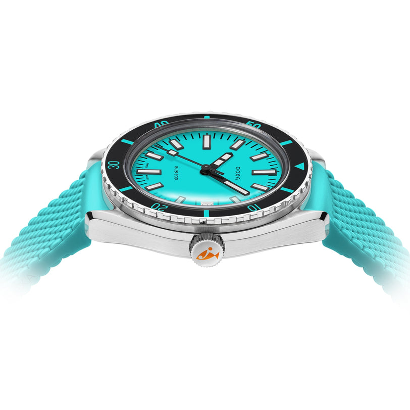 A side-angle close-up of the DOXA Sub 200 Aquamarine divers watch featuring a turquoise dial and strap, black bezel, and stainless steel case.