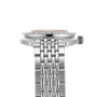 Side view of the DOXA Sub 300 Professional divers watch in silver with a metal bracelet, crown, and the edge of its unidirectional bezel against a white background.