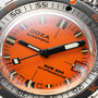 Close-up of the DOXA Sub 300 Professional, showcasing its vibrant orange dial, bold black and white hands, date window at 3 o’clock, and a stainless steel unidirectional bezel.