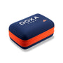 A rectangular navy blue case with an orange zipper, featuring the DOXA logo and a fish icon—ideal for protecting your DOXA Sub 300 Professional or other orange dial timepieces.
