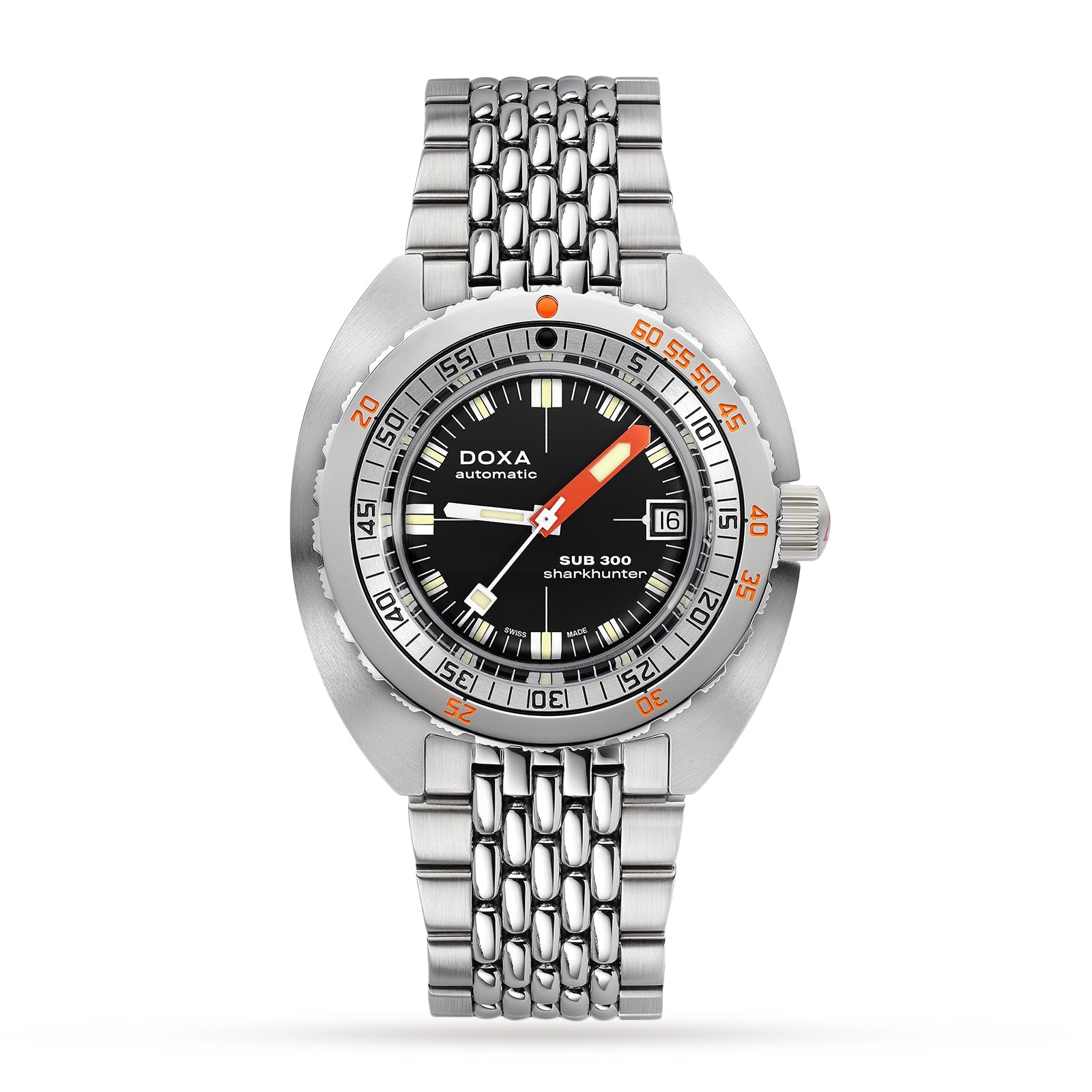 The DOXA Sub 300 Sharkhunter is a stainless steel dive watch featuring a black dial, date window, orange accents, and unidirectional bezel, displayed on a metal bracelet.