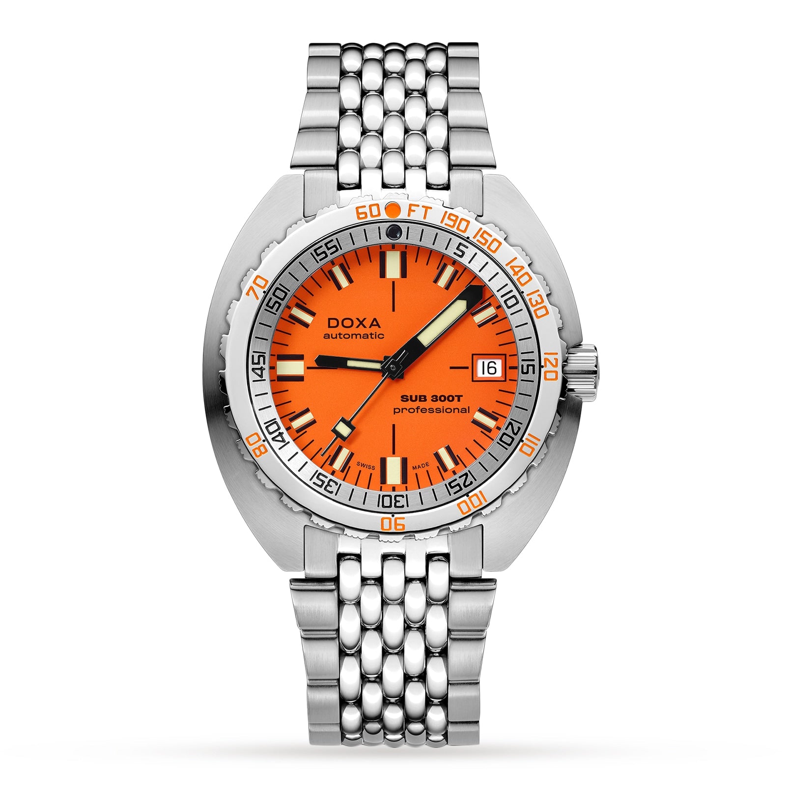 The DOXA Sub 300T Professional is a stainless steel divers watch with an orange dial, black and white hands, date at 3 o’clock, silver bracelet, bezel with minute and depth scales, and a helium release valve.