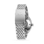A stainless steel DOXA Sub 300T Professional divers watch features a bracelet with a clasp engraved with the fish logo and brand name, along with a partially open caseback.