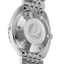 Close-up of a stainless steel DOXA Sub 300T Professional watch back engraved with a sailboat, brand name, and technical details like depth rating and helium release valve.