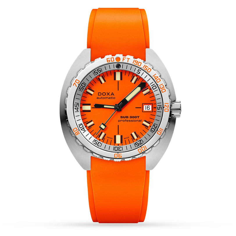 The DOXA Sub 300T Professional is a divers watch featuring an orange dial, orange rubber strap, silver bezel, black and white hour markers, and Super-LumiNova for enhanced underwater visibility.