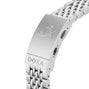 Close-up of a stainless steel DOXA Sub 300T Caribbean divers watch bracelet clasp, with the brand name and logo engraved on the brushed metal surface.