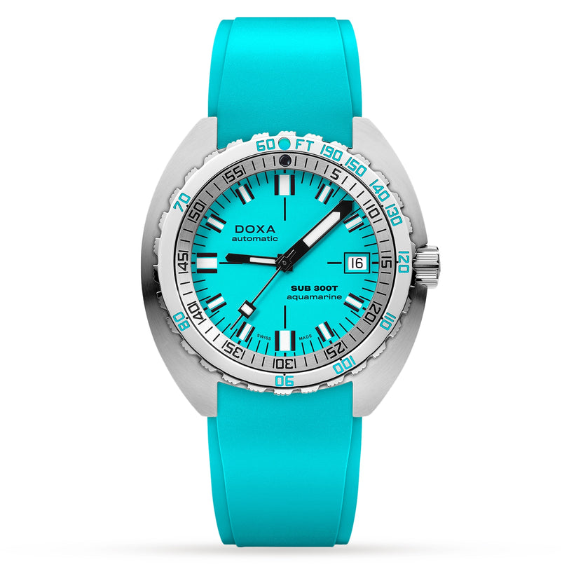 A DOXA Sub 300T Aquamarine diver’s watch with turquoise dial, matching rubber strap, silver bezel, black Super-LumiNova markers, and a date display set to the 16th.