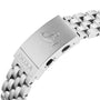 Close-up of the DOXA Sub 1500T Professional divers watch bracelet clasp, displaying the DOXA logo and engraved branding on its brushed stainless steel surface.