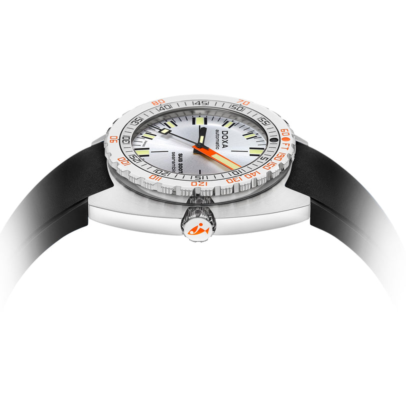 A close-up side view of a silver DOXA Sub 300T Searambler diver’s watch with a white dial, black strap, orange accents, and water resistance up to 1,200 meters.