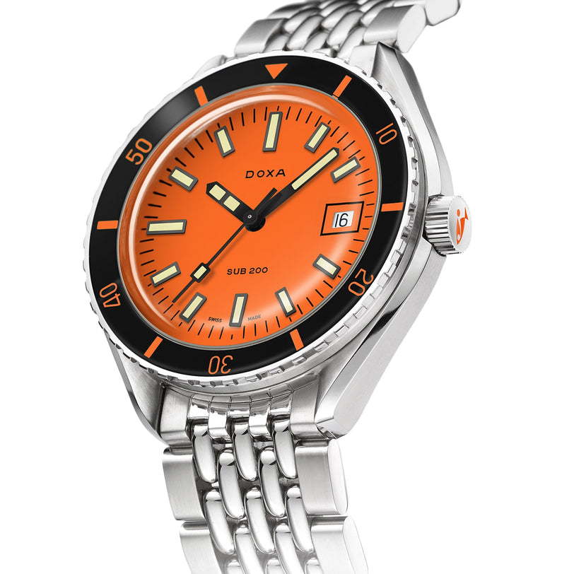 The DOXA Sub 200 Professional is a diver’s watch with a 316L stainless steel case, an orange dial, bold hour markers, date at 3 o’clock, and a black and orange unidirectional rotating bezel.