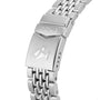 Close-up of the DOXA Sub 200 Professionals 316L stainless steel bracelet clasp featuring the DOXA logo and fish symbol, showcasing the robust design ideal for a divers watch.