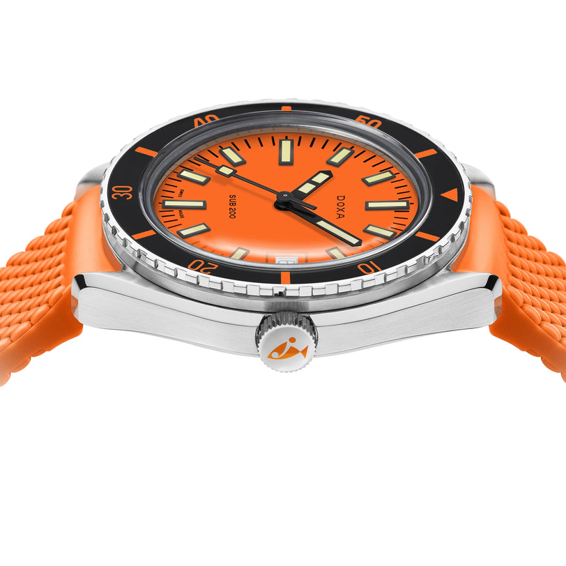Side view of the DOXA Sub 200 Professional divers watch with an orange dial, unidirectional rotating bezel, orange rubber strap, and 316L stainless steel case, displaying the time around 10:10.