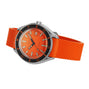 The DOXA Sub 200 Professional is a divers watch with an orange face, textured strap, black unidirectional bezel, silver markers, 316L stainless steel case, and a date window at 3 o’clock.
