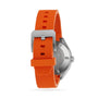 The DOXA Sub 200 Professional divers watch features a robust 316L stainless steel case and an orange textured rubber strap, shown from the back to highlight its clasp, detailed case back, and durable craftsmanship.