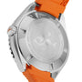 The Sub 200 Professional by DOXA features a 316L stainless steel case back with an engraved fish design and detailed specs, paired with an orange strap.