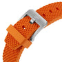 Close-up of the orange textured silicone strap from the DOXA Sub 200 Professional, featuring a 316L stainless steel buckle with a small fish logo.
