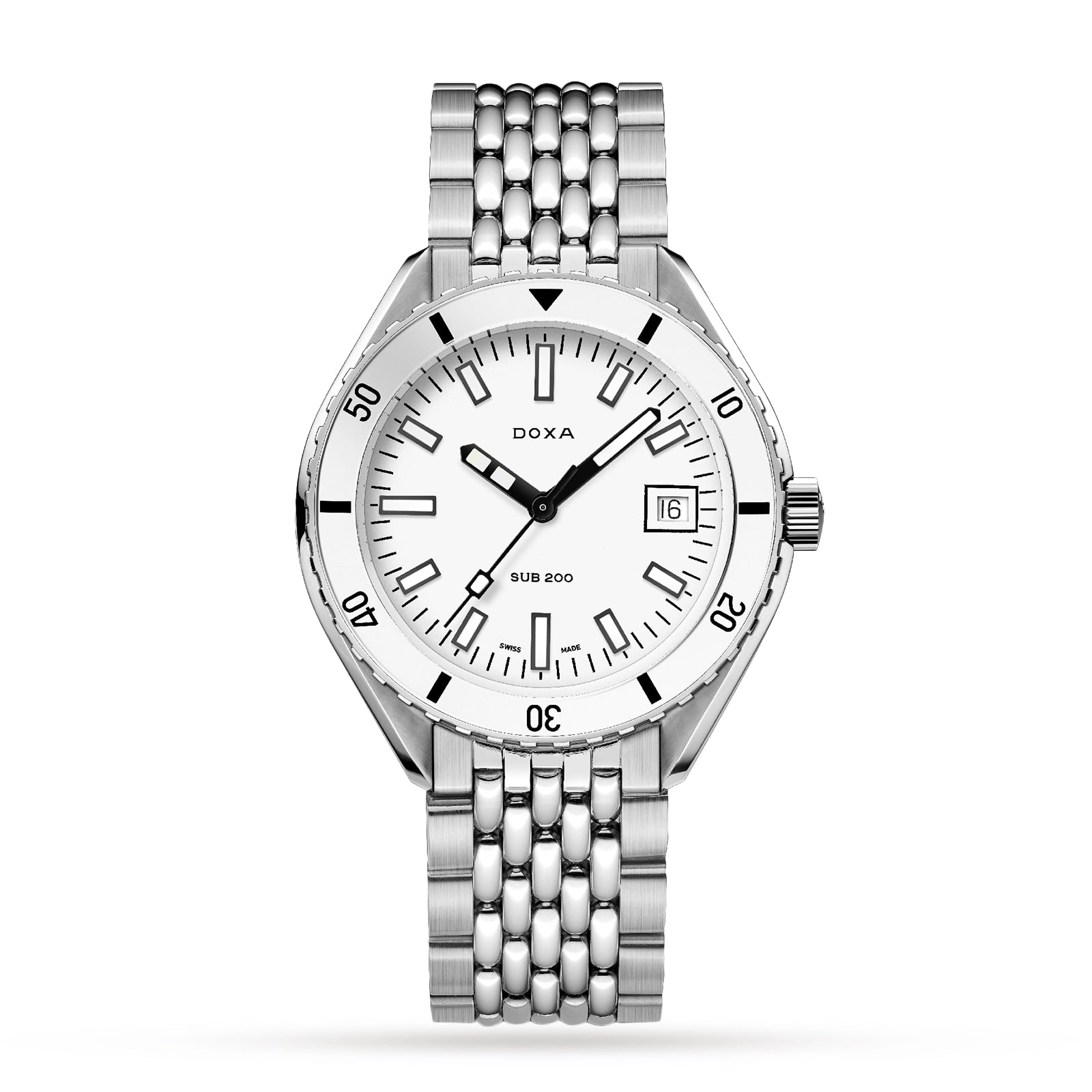 The DOXA Sub 200 Whitepearl is a stainless steel diver’s watch with a white dial, black hour markers, date at 3 o’clock, and a metal link bracelet, shown elegantly against a white background.