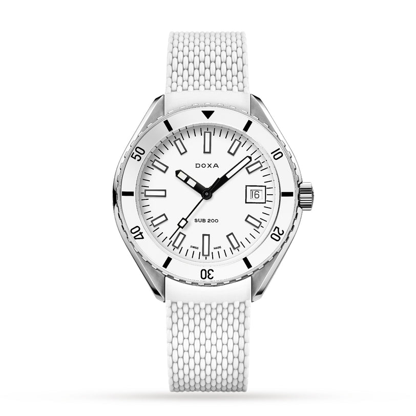 The DOXA Sub 200 Whitepearl is a white diver’s watch featuring a textured strap, black hour markers, date at 3 o’clock, and a unidirectional bezel—an elegant choice for underwater adventures.