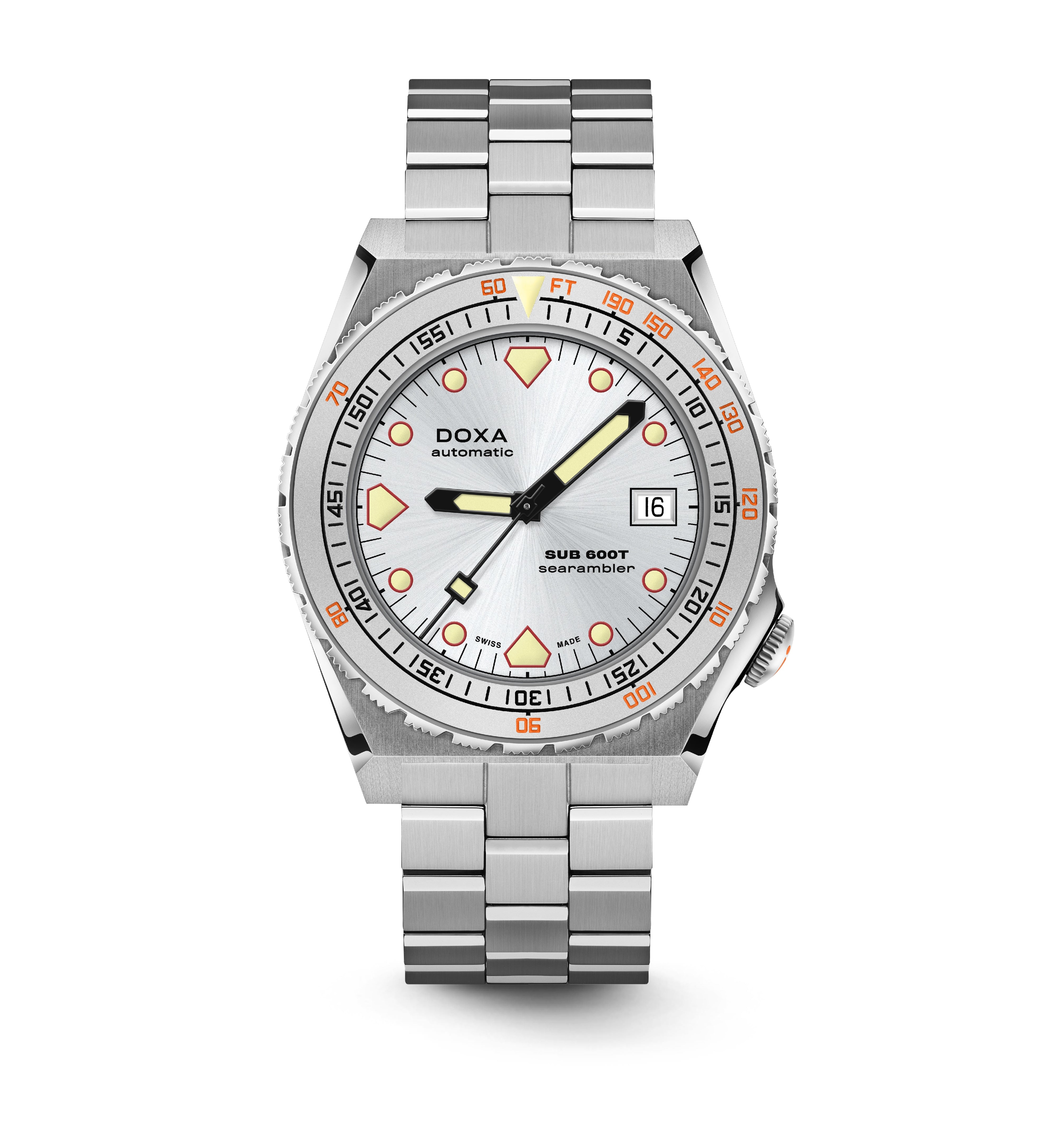 The DOXA Sub 600T Searambler is a stainless steel dive watch with a silver dial, bold orange accents, date at 3 o’clock, and metal bracelet—perfect for dependable performance on your next underwater adventure.