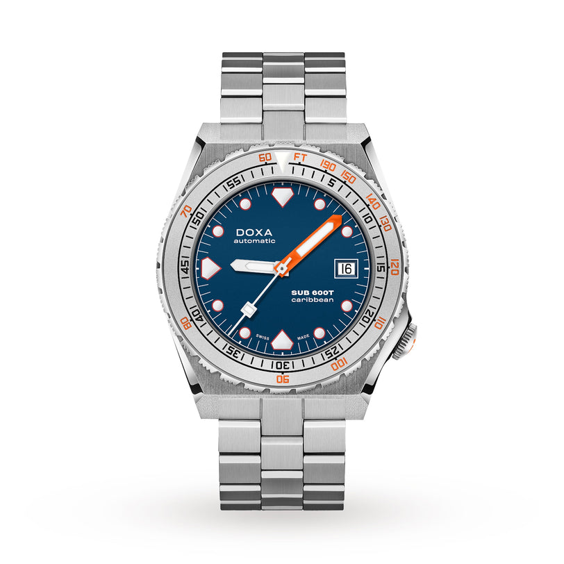 The DOXA Sub 600T Caribbean dive watch features a stainless steel case, blue dial with orange accents, date display, and metal bracelet—delivering iconic style and renowned DOXA reliability.