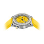 The DOXA SUB 600T Divingstar, featuring a bright yellow face and matching strap, is displayed at an angle on a white background.