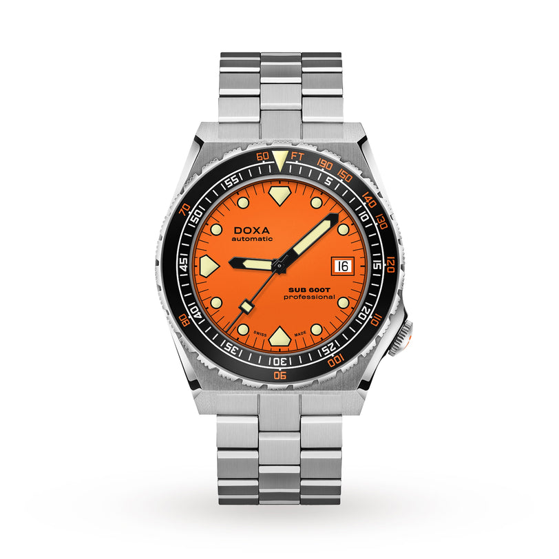 The DOXA Sub 600T Professional dive watch features a stainless steel case, orange dial, black bezel, and date display at 3 o’clock.