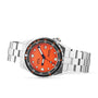 The DOXA Sub 600T Professional is a stainless steel dive watch with an orange dial, date at 3 o’clock, black bezel, and silver bracelet—an iconic style from DOXA.