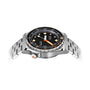 The DOXA Sub 600T Sharkhunter, a stainless steel dive watch with a black dial, orange and white accents, and a metal bracelet, is displayed from a side angle on a white background.