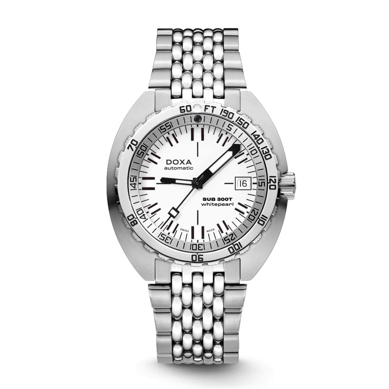 A DOXA Sub 300T Whitepearl diver’s watch with a white dial, black markings, date window at 3 o’clock, and a metal link bracelet is shown face up.