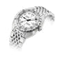 The DOXA Sub 300T Whitepearl, a silver divers watch with metal bracelet, white dial, black markers, rotating bezel, and helium release valve, is displayed at an angle on a white background.