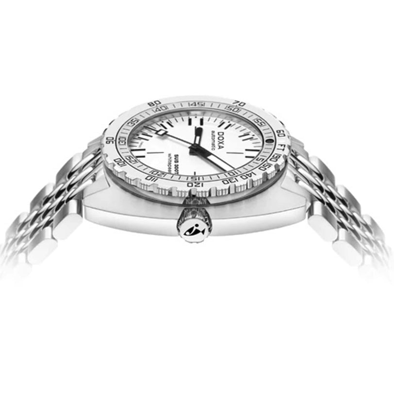 The DOXA Sub 300T Whitepearl divers watch features a white dial, stainless steel bracelet, and marked bezel, displayed at an angled side view on a white background.